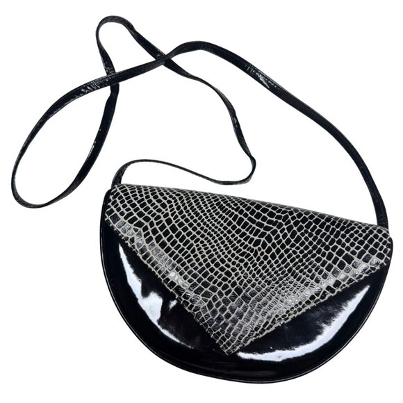 Vintage Black & White Half-Moon Shoulder Bag – Leather Croc Emboss - Made in USA - Picture 7 of 15